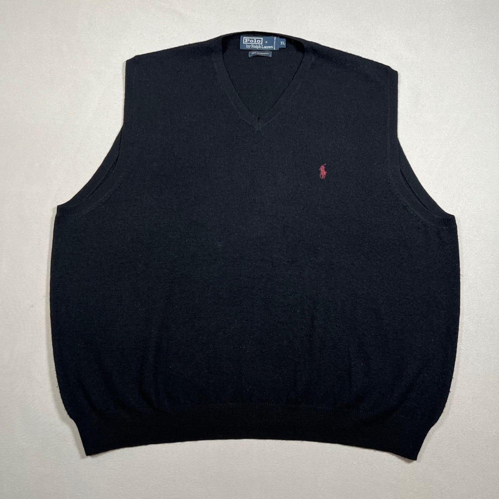 Vtg Polo Ralph Lauren Black Lambswool V-Neck Sweater Vest Mens XL Red Pony Logo